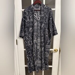 MADEWELL Women's Navy Blue & White Tribal Print Cotton Open Front Long Duster